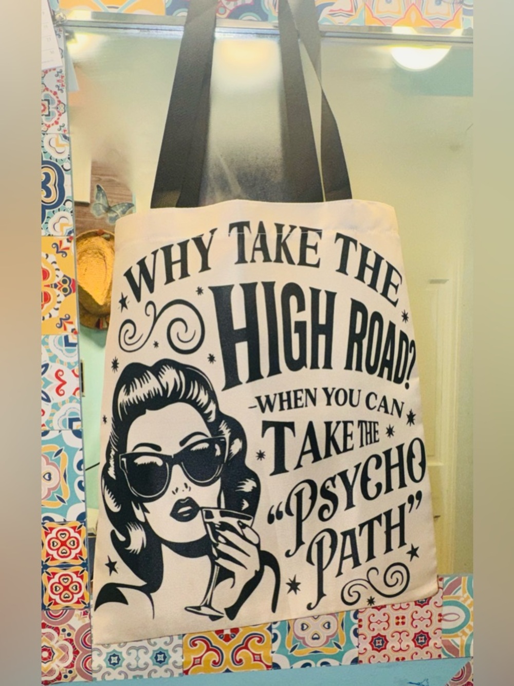 BNWT Retro “Take the Psycho Path” Graphic Tote Bag Funny Pinup Tote Bag - Picture 2 of 5